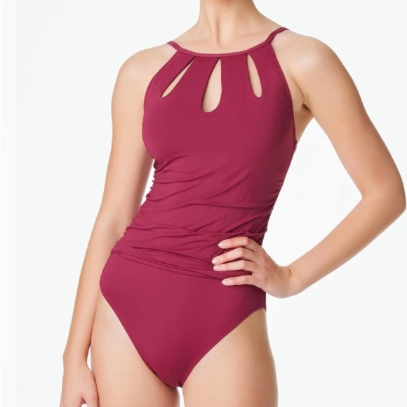 Bleu Rod Beattie ONE PIECE HIGH NECK RUCHED SWIMSUIT in Pomegranate size 14 NEW - Picture 1 of 8